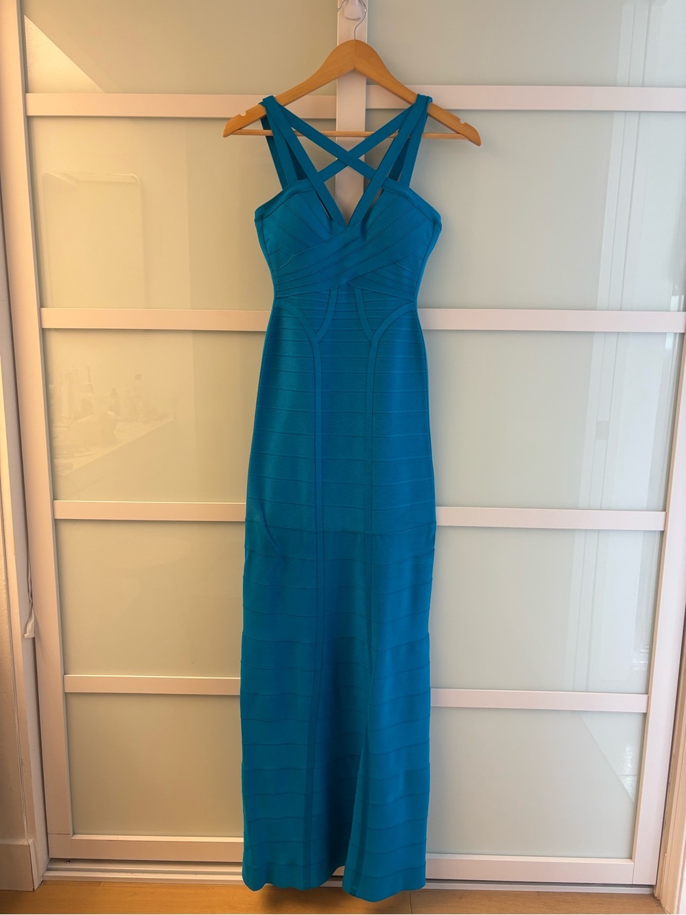 Herve Leger Teal Blue Bandage Maxi Dress with Strappy Cross Back
